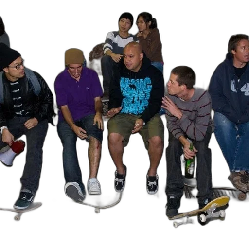 staff, 3d render, concept art, photorealistic, group, skateboarders, sit, ground transparent PNG cut-out