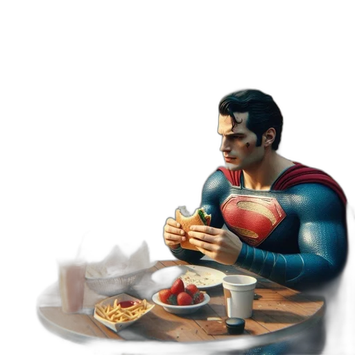 food, robot, comic book art, concept art, pixel art, 3d render, superman, sits transparent PNG cut-out