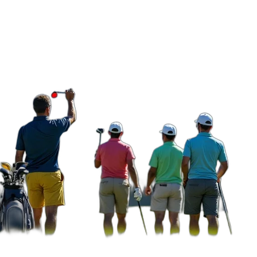 group, golfers, golf, course, mountain, background, wearing, various transparent PNG cut-out
