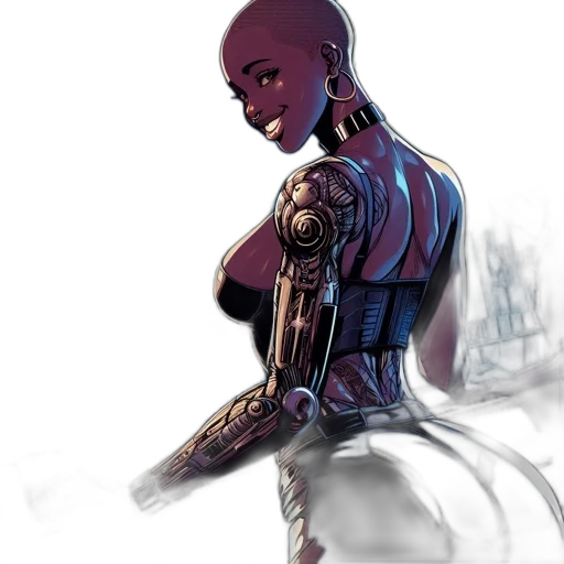 robot, weapon, concept art, comic book art, cyberpunk, fantasy art, outer space, blue transparent PNG cut-out