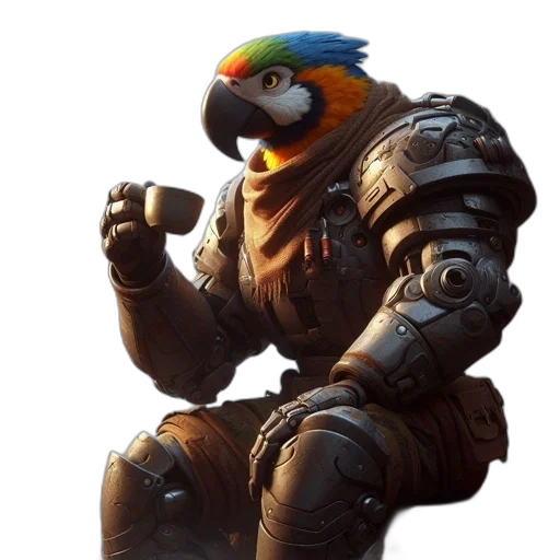 robot, animal, weapon, creature, concept art, 3d render, pixel art, parrot-headed transparent PNG cut-out