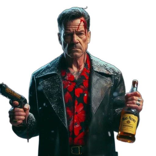 jacket, bottle, weapon, face, concept art, comic book art, cyberpunk, 3d render transparent PNG cut-out