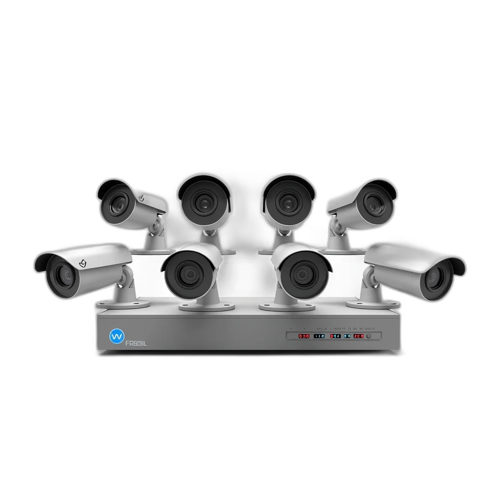 robot, staff, 3d render, collection, security, cameras, displayed, white transparent PNG cut-out