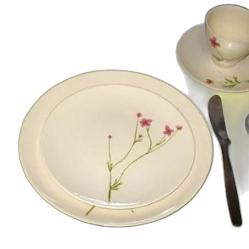 food, 3d render, photorealistic, table, setting, floral-patterned, plate, cup transparent PNG cut-out