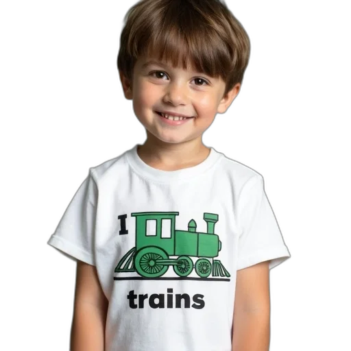 photorealistic, young, boy, wearing, white, t-shirt, green, train transparent PNG cut-out