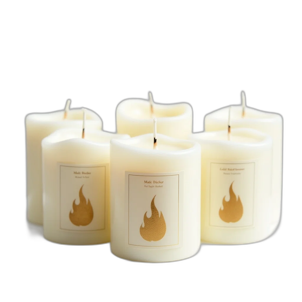 fire, set, six, white, candles, golden, flame, design transparent PNG cut-out