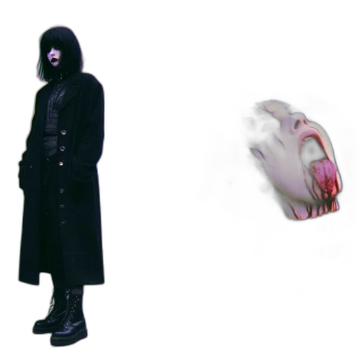 mask, creature, jacket, weapon, concept art, 3d render, vaporwave, dark transparent PNG cut-out