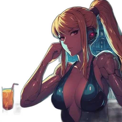 robot, dress, weapon, anime, cyberpunk, concept art, fantasy art, neon lights transparent PNG cut-out