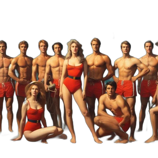concept art, 3d render, underwater, beach, red, group, men, swimsuits transparent PNG cut-out