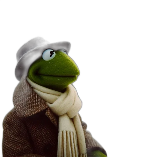 hat, jacket, staff, face, 3d render, photorealistic, concept art, kermit transparent PNG cut-out