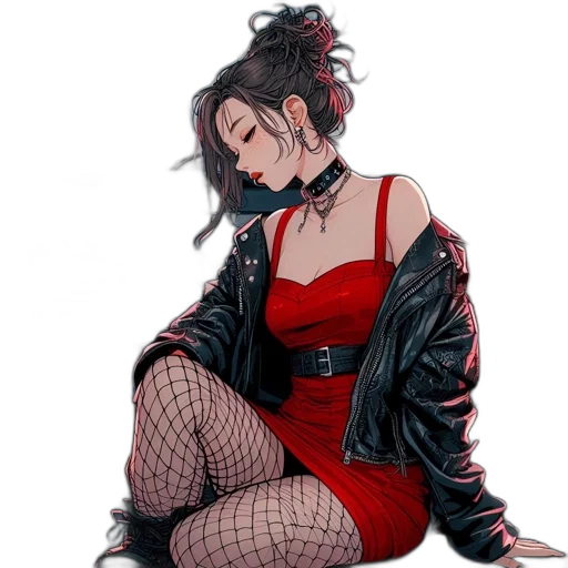 dress, jacket, cyberpunk, concept art, pixel art, anime, red, dark transparent PNG cut-out