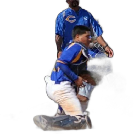 staff, creature, baseball, player, blue, white, uniform, crouching transparent PNG cut-out