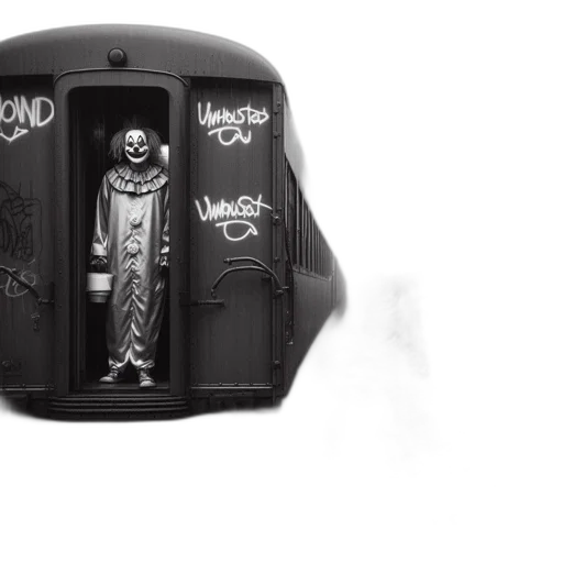 car, concept art, clown-costumed, figure, stands, graffitied, train, old transparent PNG cut-out