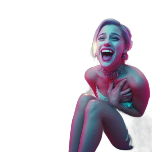 concept art, neon lights, neon-lit, environment, woman, laughs, widely, while transparent PNG cut-out
