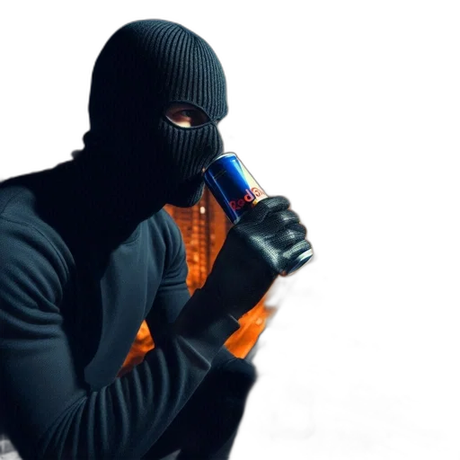 mask, jacket, bottle, face, cyberpunk, concept art, 3d render, photorealistic transparent PNG cut-out