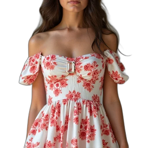 dress, louisa, white, red, floral, off, shoulder, sleeves transparent PNG cut-out