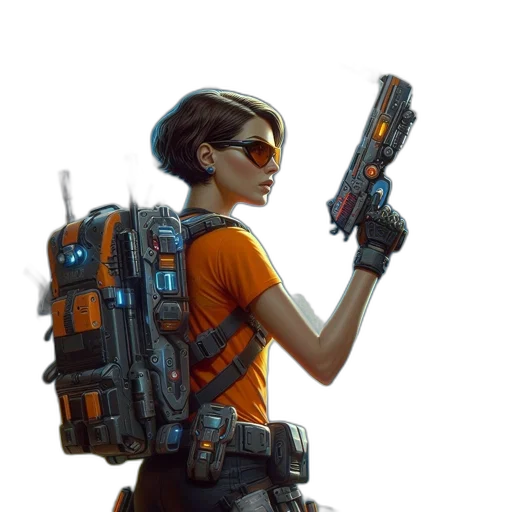 weapon, staff, jacket, robot, concept art, cyberpunk, comic book art, pixel art transparent PNG cut-out