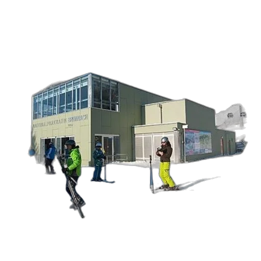 building, staff, 3d render, concept art, group, skiers, gather, outside transparent PNG cut-out