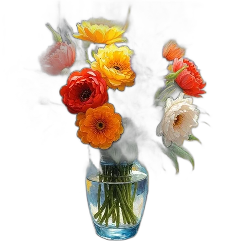 flower, bottle, photorealistic, 3d render, oil painting, vibrant, painting, bouquet transparent PNG cut-out