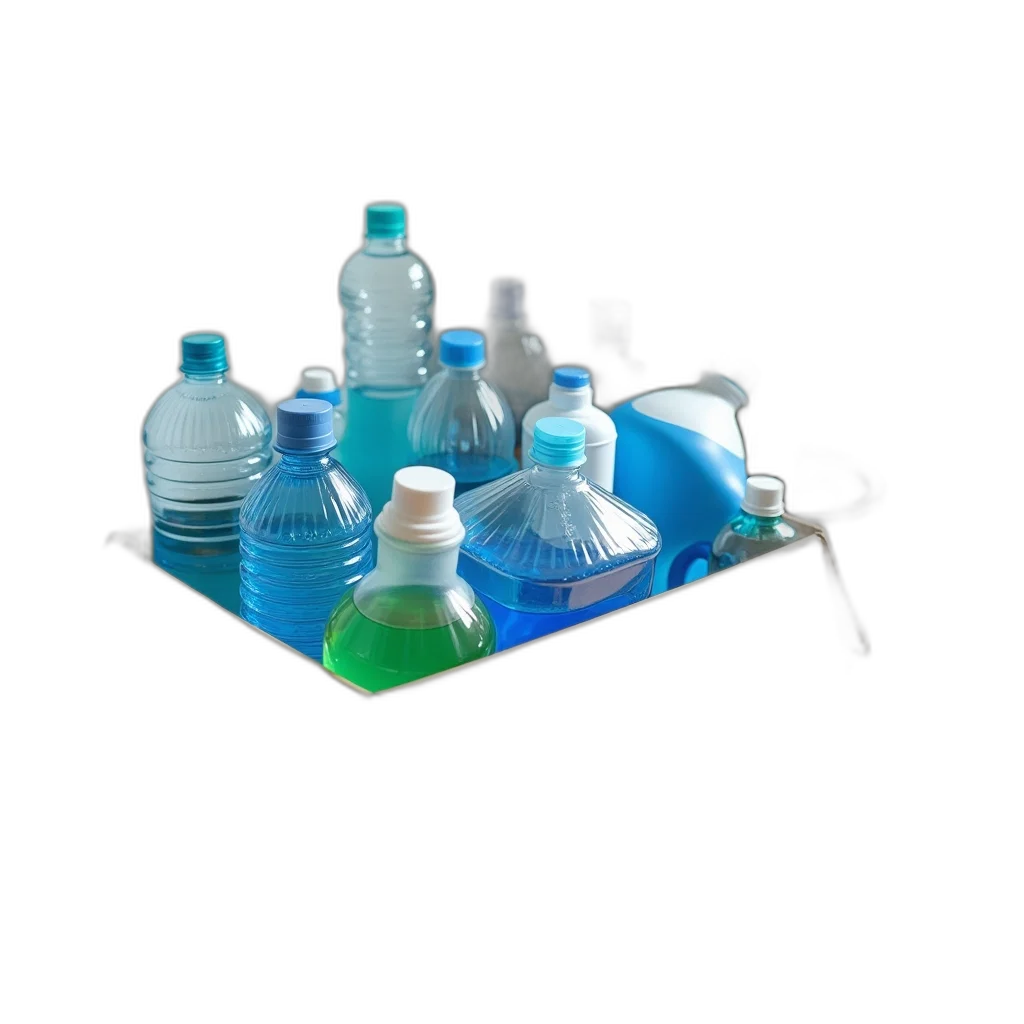 bottle, 3d render, blue, cardboard, box, filled, various, plastic transparent PNG cut-out