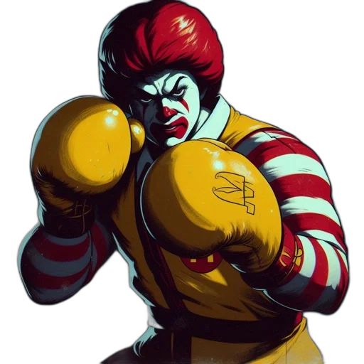 concept art, pixel art, photorealistic, comic book art, ronald, mcdonald, depicted, vividly transparent PNG cut-out