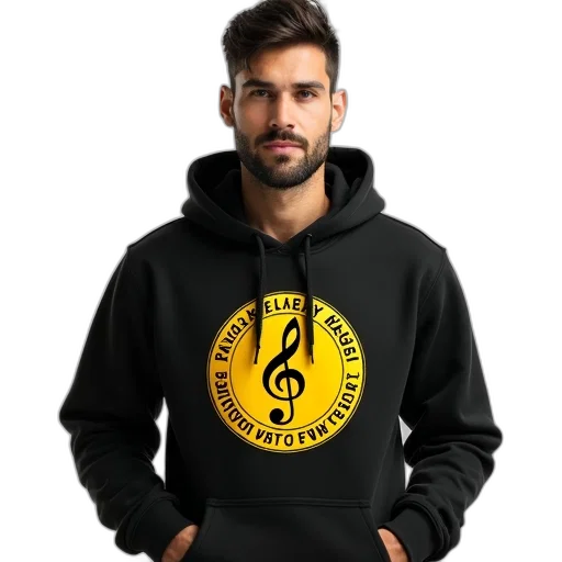 jacket, man, wearing, black, hoodie, yellow, circular, emblem transparent PNG cut-out