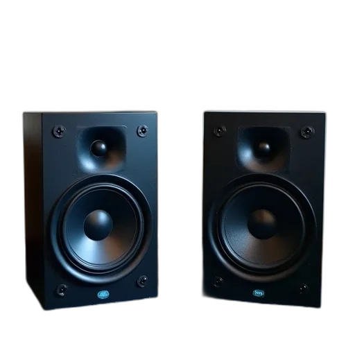 3d render, pair, large, black, speakers, visible, dials, knobs transparent PNG cut-out
