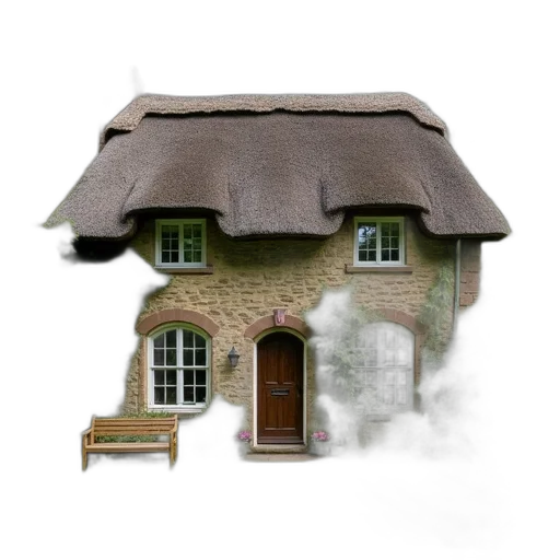 building, furniture, umbrella, 3d render, photorealistic, concept art, fantasy art, fog transparent PNG cut-out