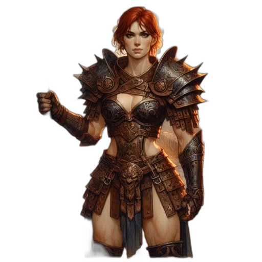 fantasy art, concept art, 3d render, comic book art, earth tones, woman, warrior, ornate transparent PNG cut-out