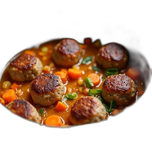food, photorealistic, 3d render, pot, filled, mixture, meatballs, chopped transparent PNG cut-out