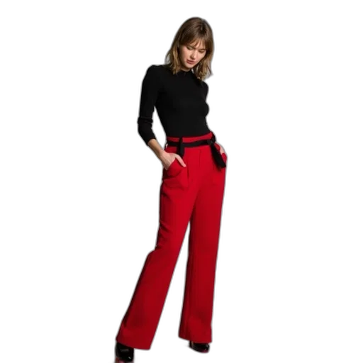staff, red, woman, wearing, black, top, pants, belt transparent PNG cut-out