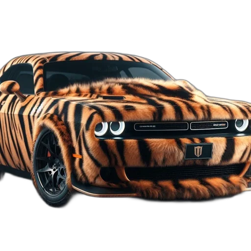 car, animal, 3d render, photorealistic, concept art, fantasy art, tiger-fur, covered transparent PNG cut-out