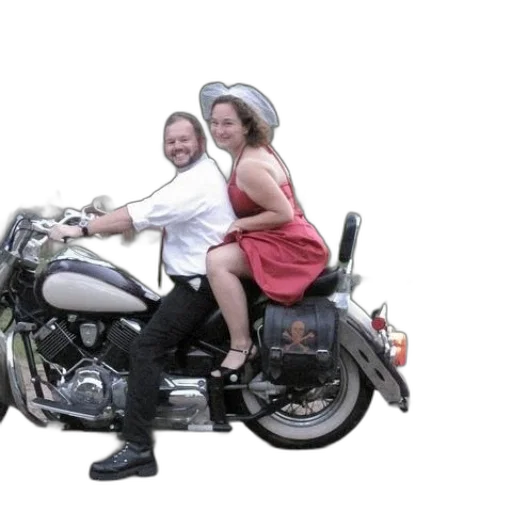 man, white, shirt, black, pants, sits, motorcycle, woman transparent PNG cut-out
