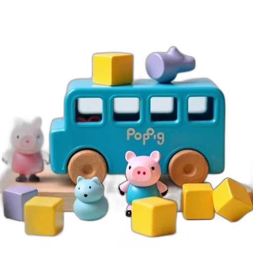 3d render, concept art, pastel, blue, toy, bus, wooden, base transparent PNG cut-out