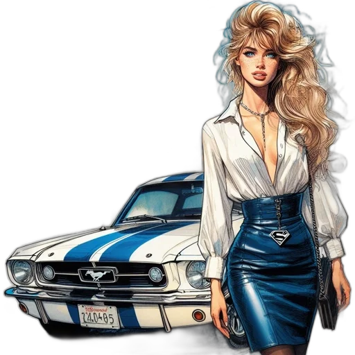 car, dress, comic book art, photorealistic, concept art, cartoon, woman, blonde transparent PNG cut-out