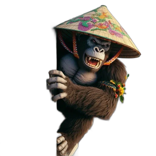 hat, mask, umbrella, staff, concept art, 3d render, photorealistic, gorilla transparent PNG cut-out
