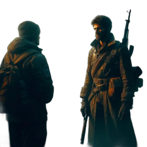 jacket, weapon, concept art, 3d render, comic book art, cyberpunk, snow, fog transparent PNG cut-out