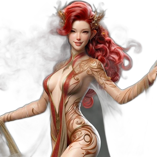 fantasy art, concept art, comic book art, photorealistic, fire, red, woman, vibrant transparent PNG cut-out