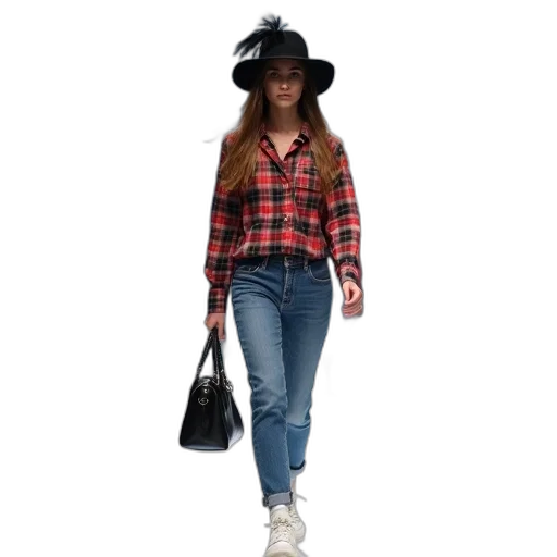 hat, jacket, photorealistic, 3d render, young, model, walks, down transparent PNG cut-out