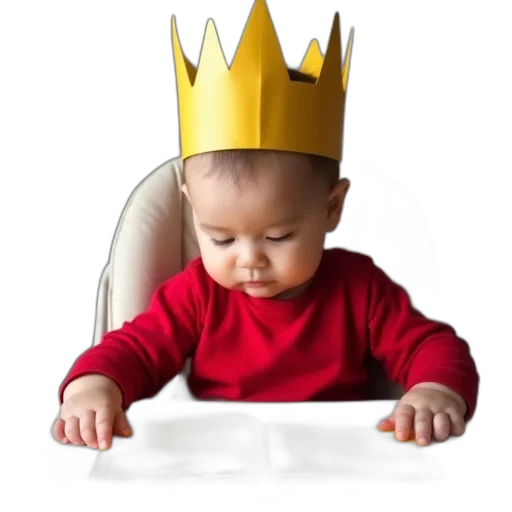 crown, hat, photorealistic, toddler, wearing, red, shirt, gold transparent PNG cut-out