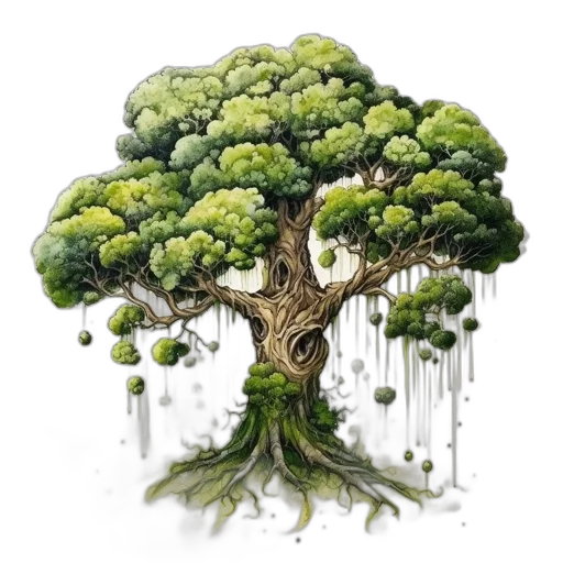 tree, concept art, fantasy art, photorealistic, pixel art, forest, rain, green transparent PNG cut-out