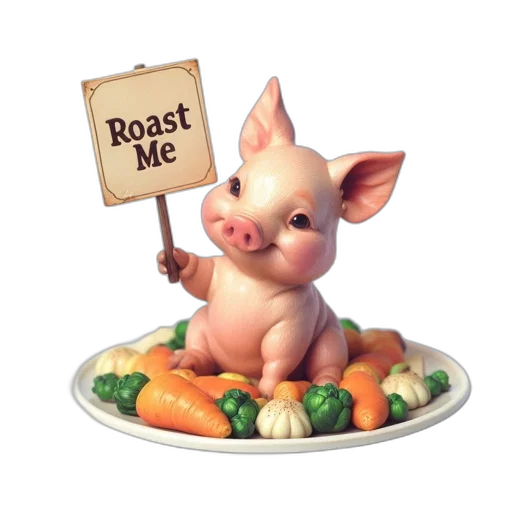 food, animal, 3d render, photorealistic, cartoonish, piglet, perched, atop transparent PNG cut-out
