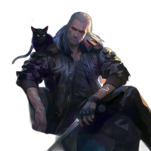 weapon, animal, jacket, staff, concept art, cyberpunk, fantasy art, pixel art transparent PNG cut-out