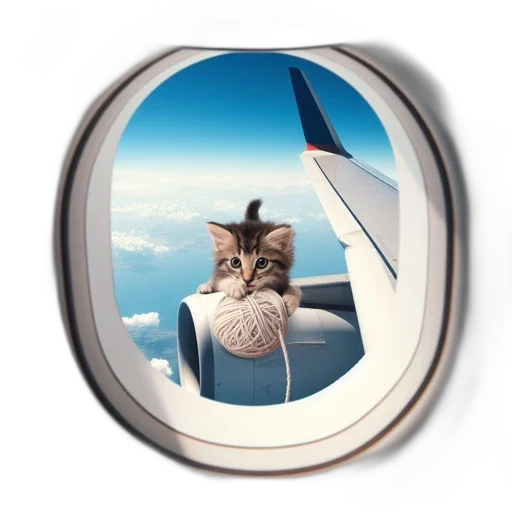 animal, photorealistic, kitten, rests, atop, airplane, engine, peering transparent PNG cut-out