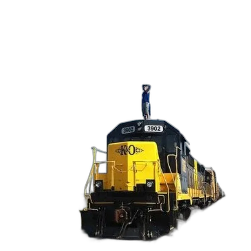 3d render, photorealistic, person, stands, atop, yellow, train, engine transparent PNG cut-out