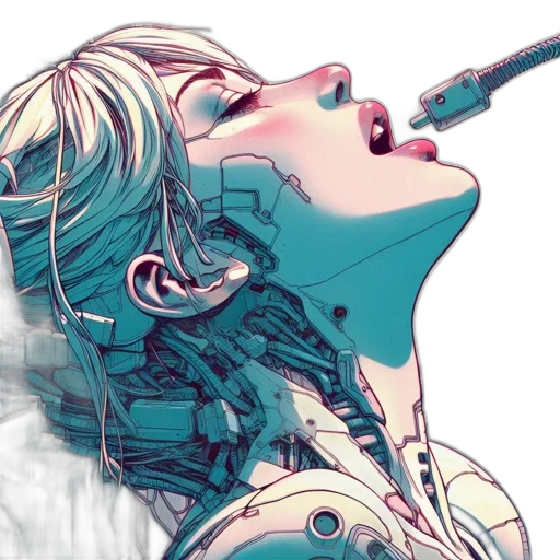 robot, cyberpunk, comic book art, vaporwave, anime, neon lights, outer space, blue transparent PNG cut-out