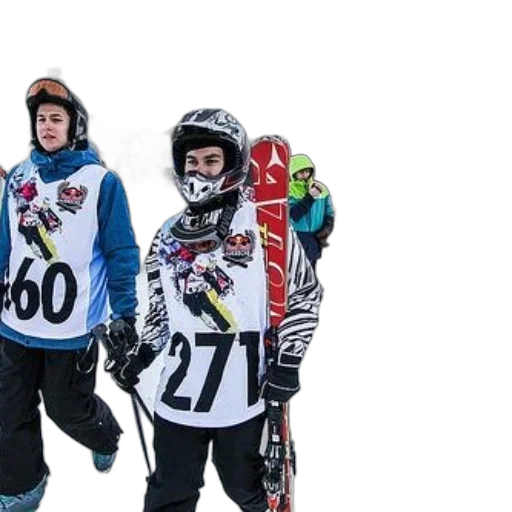 group, skiers, wearing, numbered, jerseys, helmets, stand, snowy transparent PNG cut-out