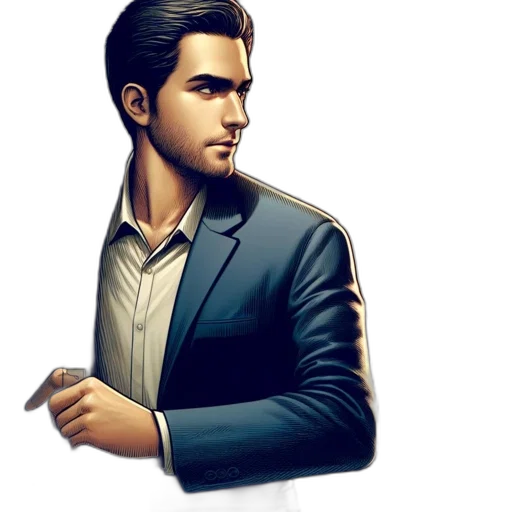 jacket, concept art, pixel art, 3d render, cartoon, man, suit, stands transparent PNG cut-out