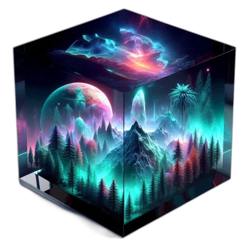 concept art, fantasy art, vaporwave, pixel art, outer space, forest, fire, colorful transparent PNG cut-out