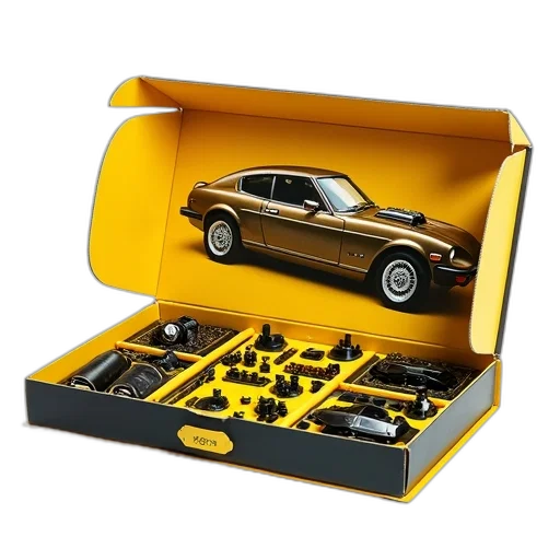 car, 3d render, yellow, black, box, picture, toy, front transparent PNG cut-out
